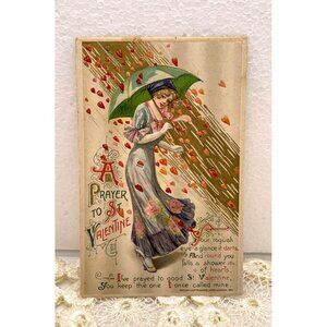 Valentine Day Winsch 1911 Gelatin Schmucker Woman Umbrella Hearts Raining
